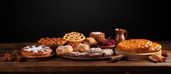 Poster - Traditional Turkish bakery display featuring a variety of pastries on rustic wooden table with dark background and inviting warm tones.