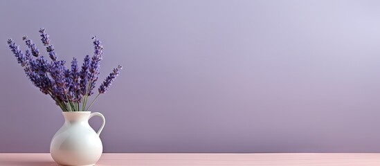 Poster - Lavender flowers in a white vase on a light wooden table against a soft purple wall with ample copy space for text placement.