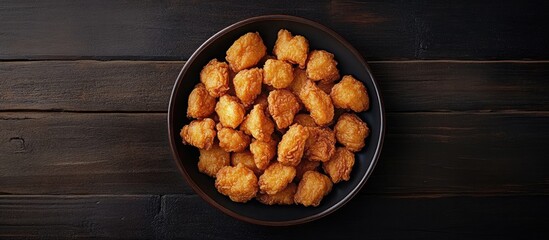 Poster - Crispy golden brown fried chicken pieces in a dark bowl on a textured dark wooden surface displaying their appealing texture and color