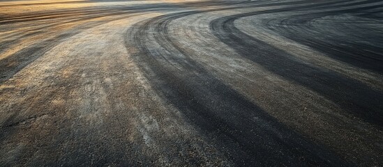 Aufkleber - Winding tire tracks on a gravel road at sunrise with warm golden light and contrasting dark hues, creating dynamic curves and depth.
