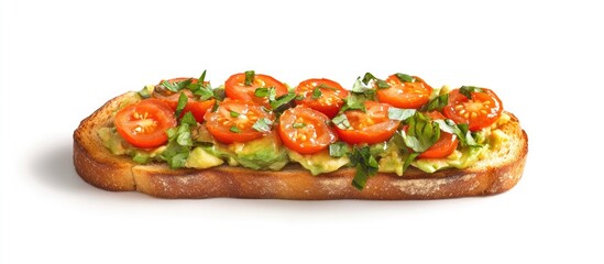 Aufkleber - Toasted bread slice topped with creamy avocado, fresh cherry tomatoes, and herbs on a white background, showcasing vibrant green and red colors.