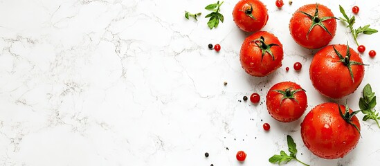 Poster - Fresh ripe tomatoes in various sizes arranged on a white marble background with green leaves and peppercorns scattered for a vibrant healthy food concept.