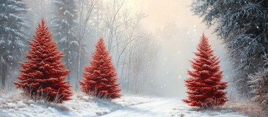 Aufkleber - Three vibrant red Christmas trees line a snowy path surrounded by tall snowy evergreens in a foggy winter wonderland ambiance.