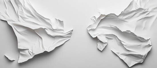 Poster - Crumpled white paper sheets with textured folds showcasing empty space for creative design on light grey background ideal for artistic expression
