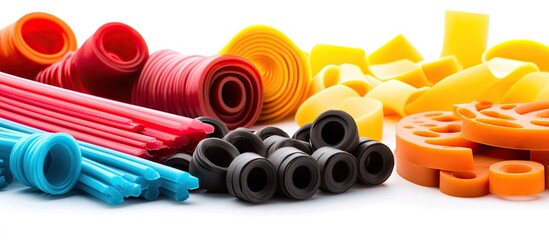 Leinwandbilder - Colorful collection of thermoplastic elastomers including red, blue, black, yellow, and orange shapes arranged on a clean white background.