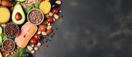 Aufkleber - Healthy fats and antioxidants flat lay with avocados cherry tomatoes nuts and salmon on dark background with ample copy space on right side