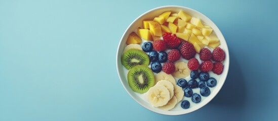 Aufkleber - Bright bowl filled with yogurt topped with sliced banana, kiwi, blueberries, raspberries, and diced mango on a light blue background.