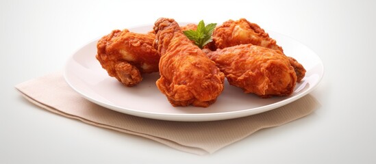 Poster - Golden-brown fried chicken legs arranged on a white plate atop a beige napkin with soft shadows and ample white copy space for text.