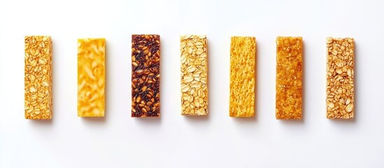 Poster - Assorted healthy granola bars arranged horizontally on a white background showcasing vibrant shades of yellow, brown, and golden textures.