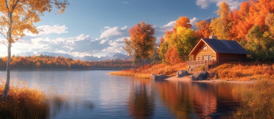 Leinwandbilder - Autumn scenery featuring a cozy wooden cabin near a calm lake surrounded by vibrant orange and yellow foliage reflecting on the water's surface.