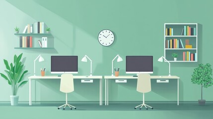 Poster - Modern office workspace, two desks, bookshelves, plants, minimalist design, ideal for productivity, interior, daylight