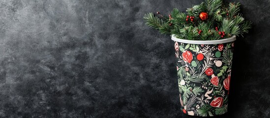 Poster - Holiday themed paper cut design trash bin with greenery displayed on a textured dark background in a flat lay style showcasing vibrant colors.
