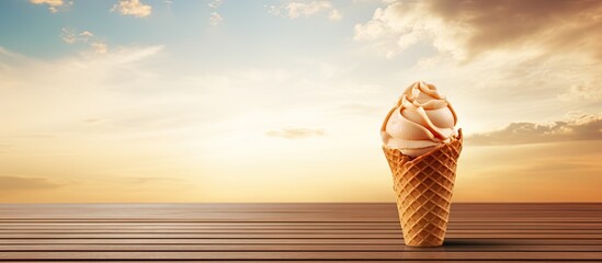 Aufkleber - Delicious ice cream cone with swirled topping positioned on a wooden table against a tranquil sunset sky and soft pastel clouds in the background.