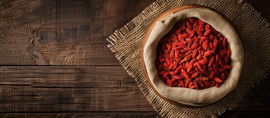 Aufkleber - Bowl of vibrant red goji berries on a rustic wooden table surrounded by a woven mat creating a warm and natural aesthetic.