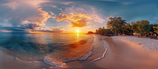 Aufkleber - Tropical beach at sunset with golden-orange hues reflecting on calm waves, lush greenery on the shore and a serene sky blending colors.