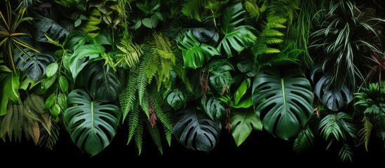 Leinwandbilder - Lush tropical plant background with dark green leaves in layered arrangement, showcasing various textures and shades on a black backdrop.