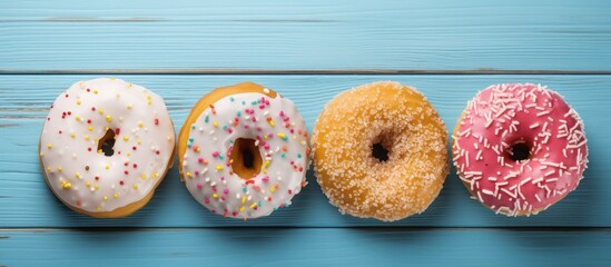 Poster - Four colorful glazed donuts arranged in a row on a vibrant blue wooden table with ample copy space for text on the left side of the image.