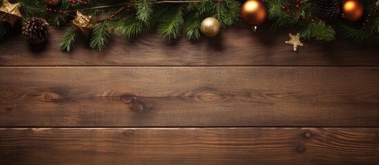 Aufkleber - Top view of festive Christmas fir tree branches with golden and bronze ornaments on rustic brown wooden texture background with ample copy space