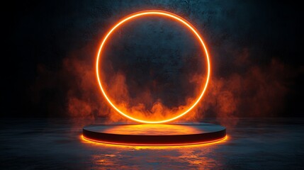 Aufkleber - Orange Neon Circle Light Platform Dark Background Abstract 3D Rendering