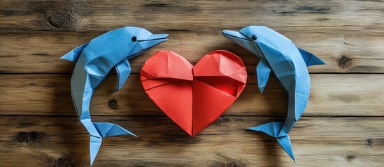 Aufkleber - Two blue origami dolphins framing a red paper heart on a rustic wooden surface ideal for Valentine's Day greeting card concepts.
