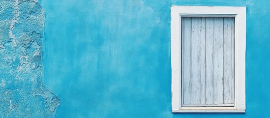Poster - Vibrant turquoise wall with white window frame featuring wooden panels positioned on the right, creating a fresh architectural detail.