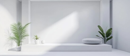 Aufkleber - Serene white bedroom scene with soft sunlight illuminating a minimalist mockup area, featuring sleek furniture and tranquil green plants.