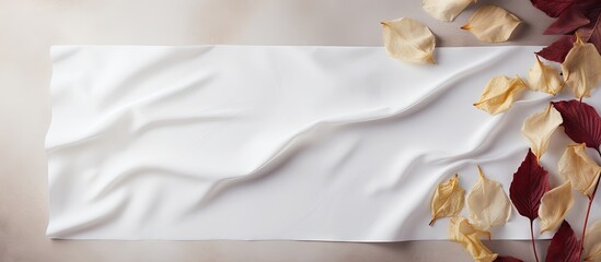 Aufkleber - White fabric background featuring a textured sheet of paper along with scattered dried petals and leaves creating a natural and elegant design.