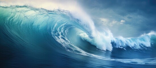 Poster - Powerful ocean waves curl dramatically in shades of blue and teal against a serene shoreline under a moody sky, capturing the storm's energy.