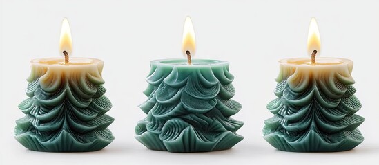 Aufkleber - Festive teal candles designed as fir trees glowing softly with flames, creating a warm Christmas ambiance on a clean white background