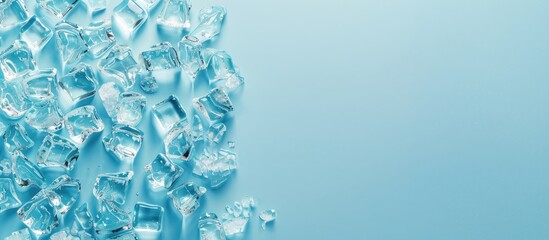Poster - Crushed ice scattered on a light blue background with clear space for text on the right side creating a refreshing and serene atmosphere