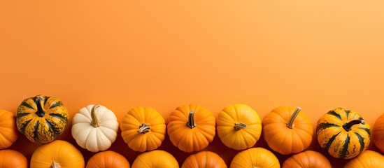 Poster - Vibrant top view of assorted pumpkins in shades of orange and white lined along a warm orange background with ample copy space on the right