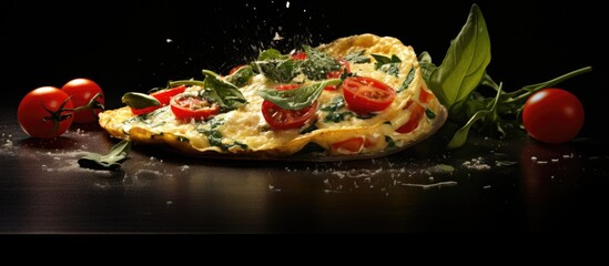 Poster - Omelette slice garnished with fresh tomatoes and basil leaves on a dark wooden surface with sprinkles of salt and copy space for text.
