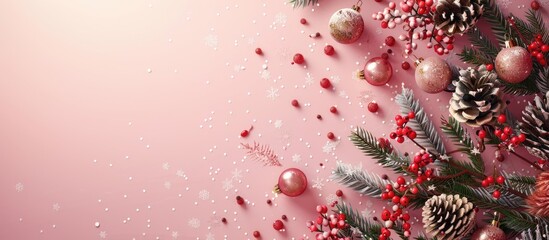 Poster - Festive arrangement of pine branches, red berries, and pine cones on a soft pink background with glittering accents and decorative ornaments.