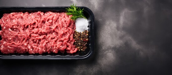Aufkleber - Fresh minced meat in a black plastic tray on a gray stone background garnished with herbs and coarse salt with ample copy space for text on the right