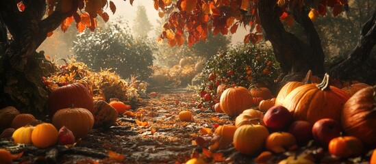 Leinwandbilder - Autumn landscape featuring vibrant orange and yellow leaves, pumpkins scattered on the ground, with an inviting path through the foliage.