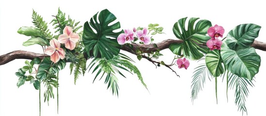 Poster - Tropical foliage arrangement featuring pink orchids and green leaves on a brown branch against a white background, creating a lush botanical design.