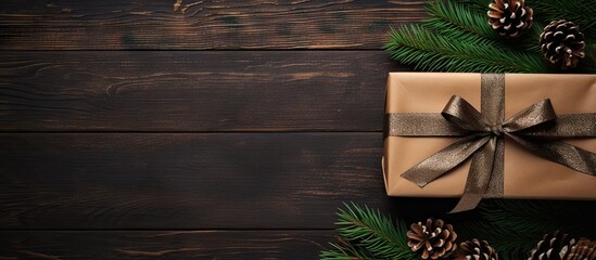 Poster - Rustic brown gift box with dark ribbon surrounded by pine branches and pine cones on dark wooden background for holiday celebrations