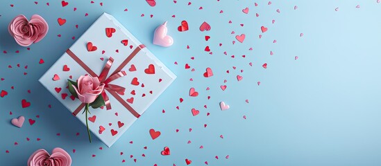 Aufkleber - Valentine's Day gift box adorned with pink roses and red confetti hearts arranged on a soft blue background with ample copy space
