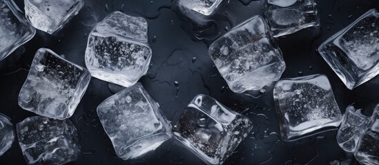 Poster - Top view of clear ice cubes scattered on a dark black bar surface with droplets creating a refreshing ambiance and ample copy space for text.