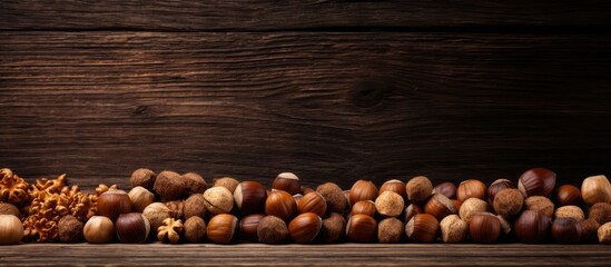 Poster - Assorted nuts and hazelnuts arranged on a wooden background with dark brown hues creating a natural and rustic atmosphere for text placement