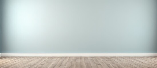Poster - Empty light blue wall interior with wooden floor offering ample copy space for text or images on the right side and center of the frame.