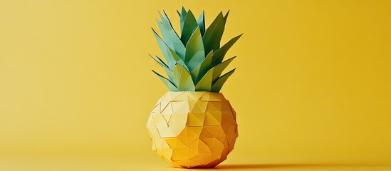 Poster - Handmade origami pineapple in yellow and green on a vibrant yellow background highlighting intricate details and craftsmanship.