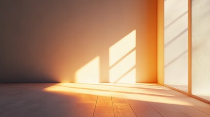 Poster - golden hour indoors: warm sunlight streams through a window onto a wooden floor, casting shadows and