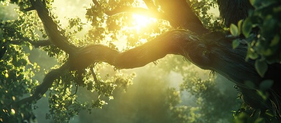 Fototapete - Sunlight filters through the lush green leaves and crooked branches of a majestic tree, creating a serene and enchanting atmosphere in nature.