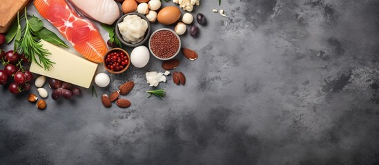 Poster - Protein rich food composition on dark marble background with salmon chicken eggs nuts and cheese arranged on left leaving ample text space on right