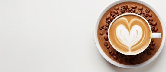 Poster - Latte art with heart shapes in a white coffee cup surrounded by coffee beans on a white background creating a clear space for text or design