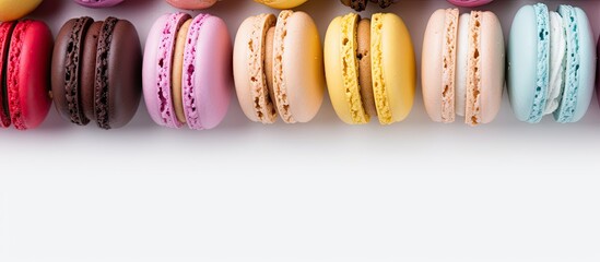 Poster - Colorful macarons in a horizontal arrangement with pink, yellow, purple, brown, and blue hues on a white background displaying vibrant textures.
