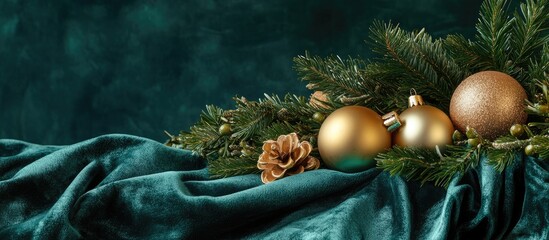 Poster - Sophisticated Christmas arrangement featuring gold ornaments, pine branches, and pinecone on an elegant deep teal velvet backdrop.