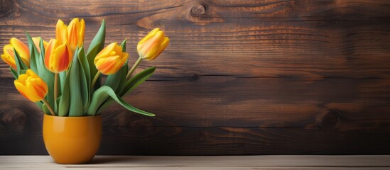 Aufkleber - Yellow tulips in an orange pot on a wooden table corner with a textured background highlighting vibrant colors and a warm atmosphere.