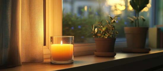Poster - Illuminated candle and glass placed on warm-toned windowsill with potted plants in soft lighting creating a cozy living room atmosphere